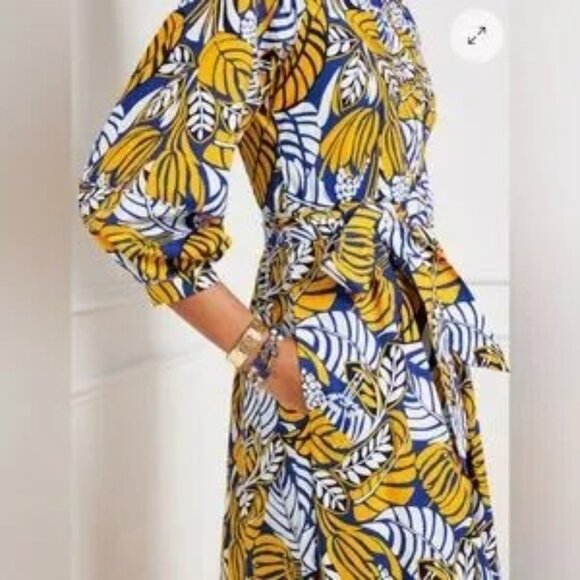 Talbots Tropical Leaf Poplin Shirt Dress Fit & Flare Midi with Pockets Size 8 - Picture 3 of 10